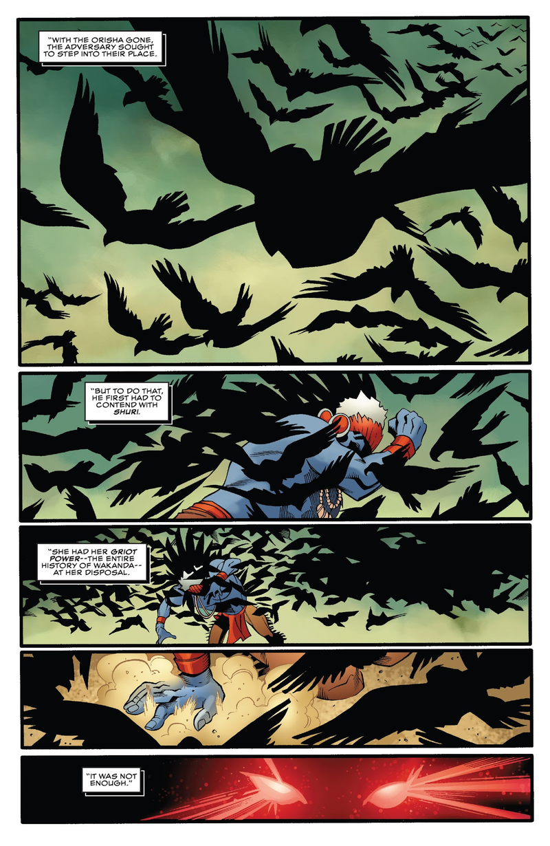 Shuri attacking the Adversary with her griot powers.